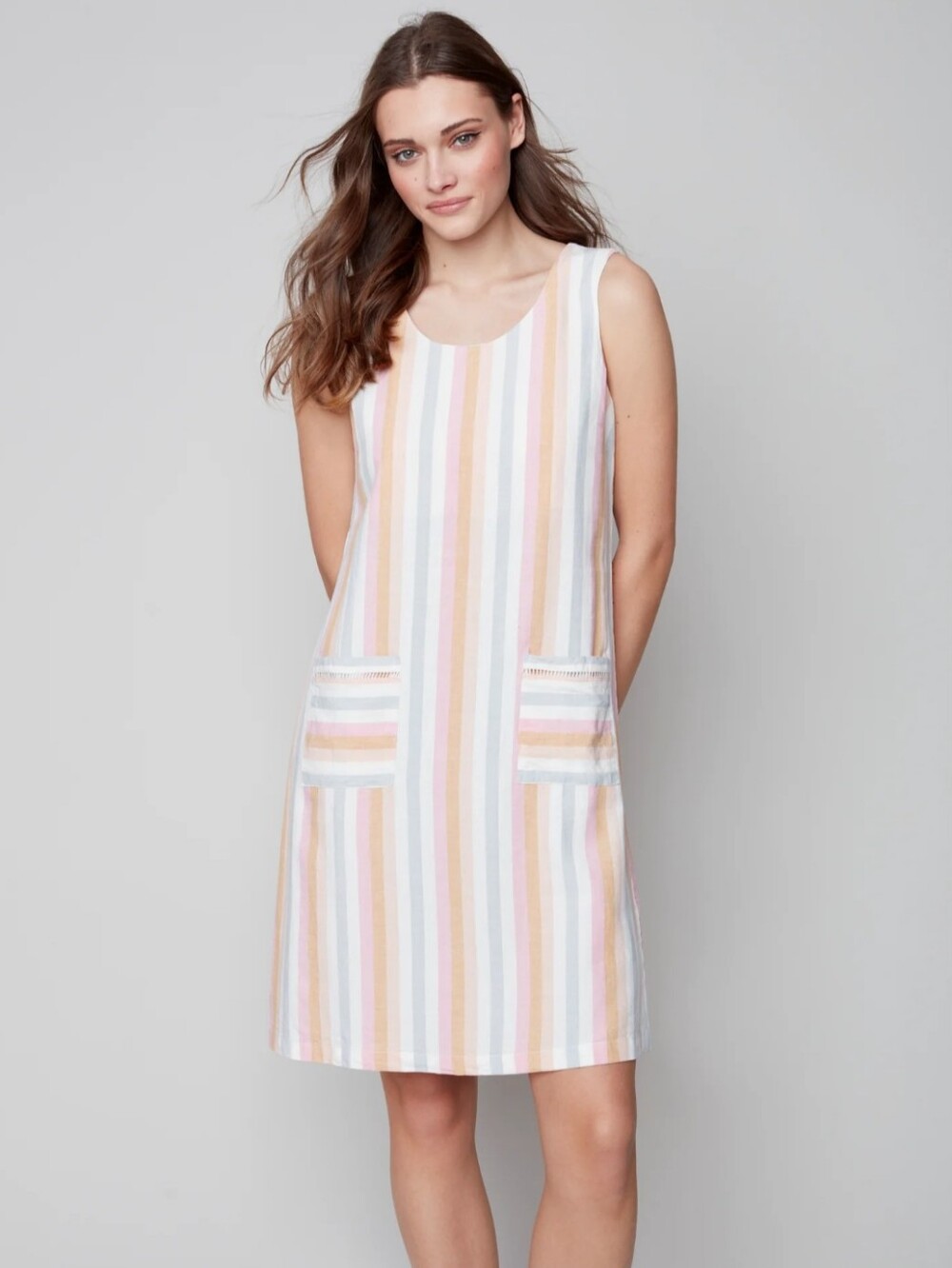 Charlie B Pastel Striped Sleeveless Shift Dress Midi Linen Blend Size Large